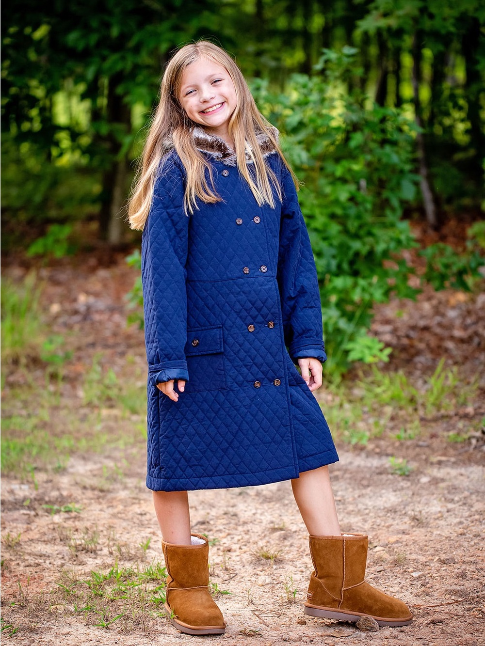 Girls' Quilted Navy Pea Coat with Faux Fur Trim